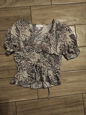 Topshop Blush and Black Animal-Print Wrap Blouse